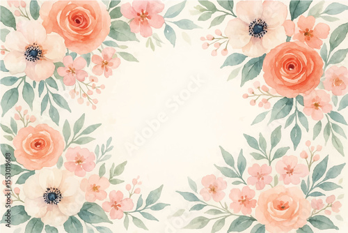 Vintage floral background with romantic pink roses, elegant frame, and decorative hearts for a wedding or Valentine's Day card design