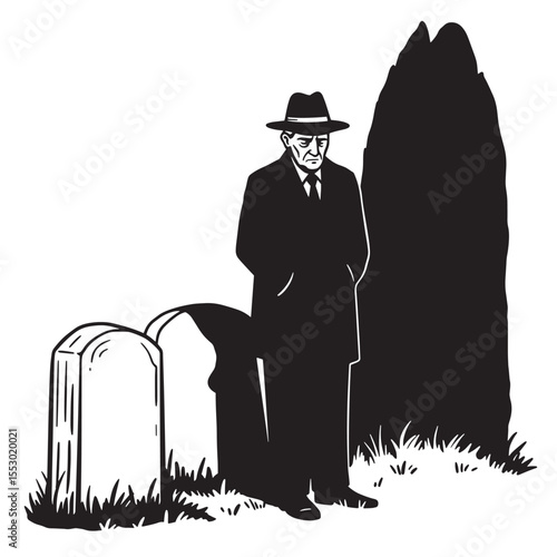 A somber man in a hat stands beside tombstones in a black and white illustration.