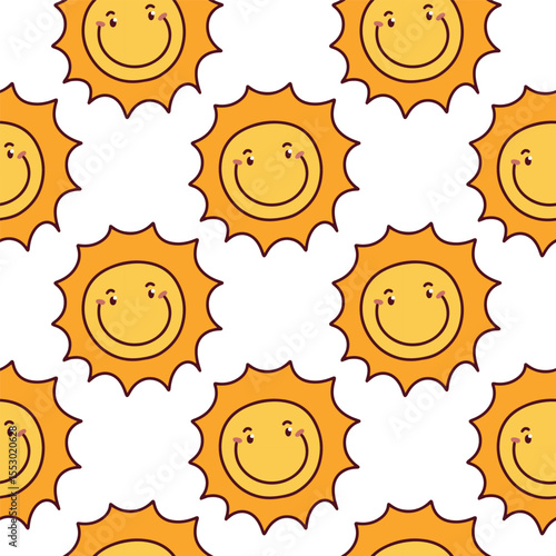 Seamless pattern with hand drawn cute sun faces in yellow and orange, each with smiling or sleepy expressions, arranged in a repeating playful summer background