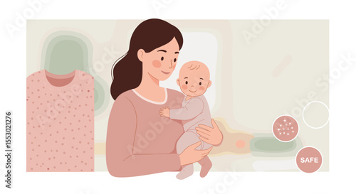 A mother with a child chooses hypoallergenic safe underwear for the comfort and health of the baby, for blogs about parenting and advertising of children's products