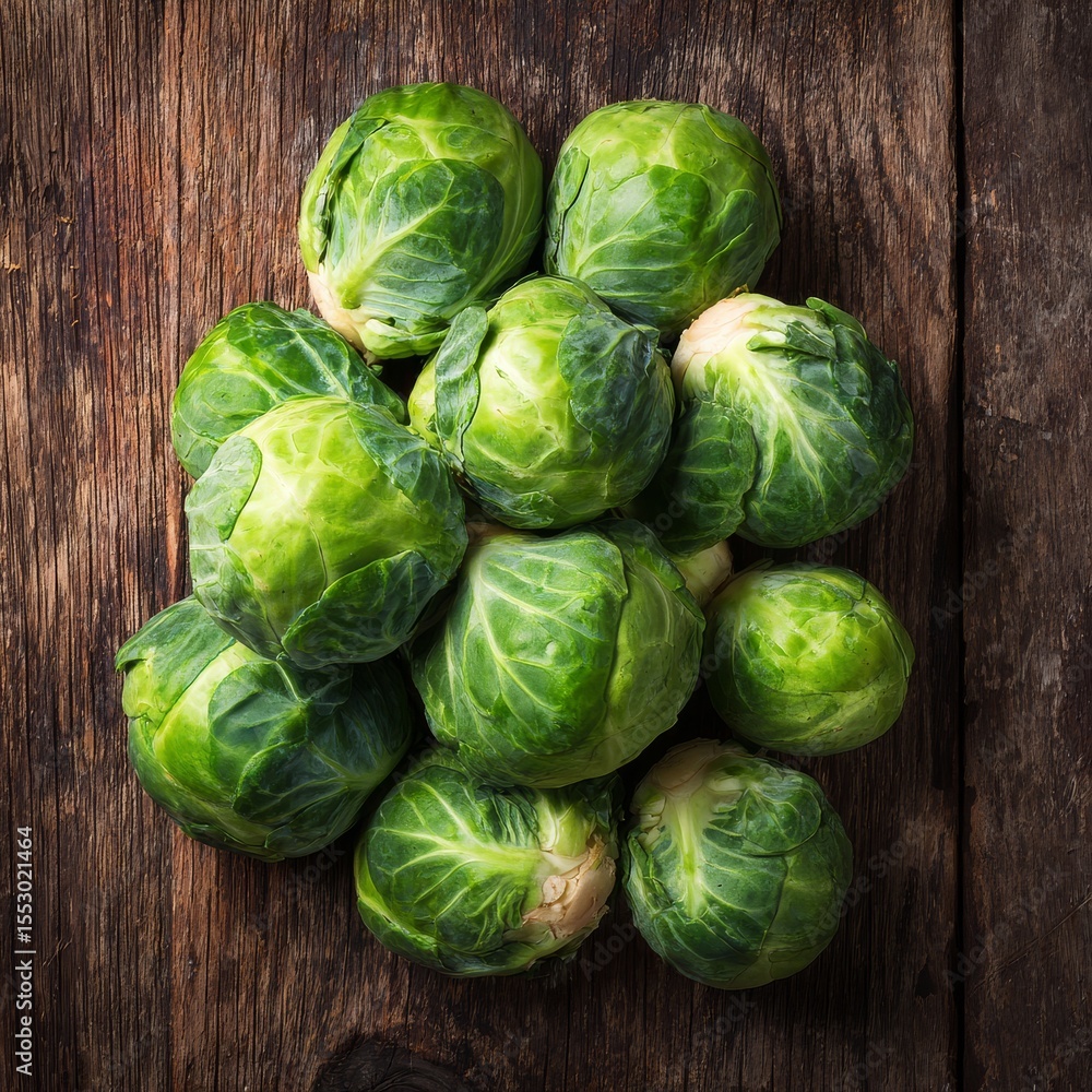 Fototapeta premium Fresh Brussel sprouts arrangement on wooden surface, top shot. It provides a healthy eating concept, or a delicious, fresh food concept