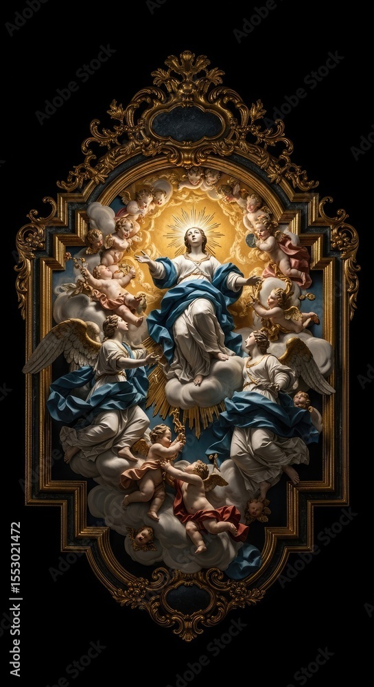 Fototapeta premium Gold Baroque Frame Virgin Mary Assumption Cherubs Sculpture