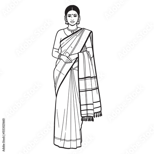 Elegant black and white illustration of an indian woman wearing a traditional saree