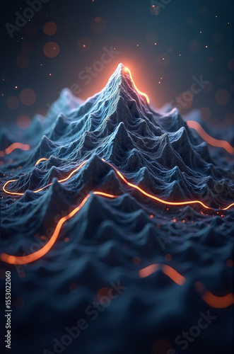 Mountain with a lava flow on it. The mountain is covered in snow and the lava is orange