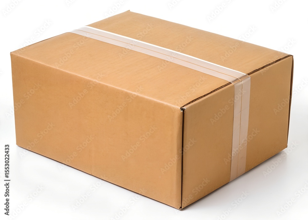 A closed brown cardboard box sealed with transparent tape isolated on white background A closed brown cardboard box sealed with transparent tape isolated on white background
