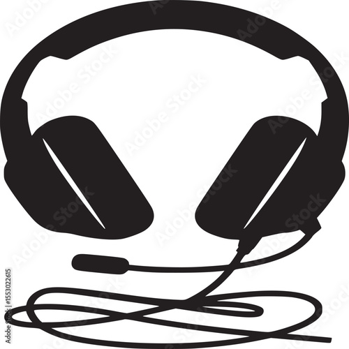 Isolated black silhouette of gaming headphones with microphone and tangled cord on white background