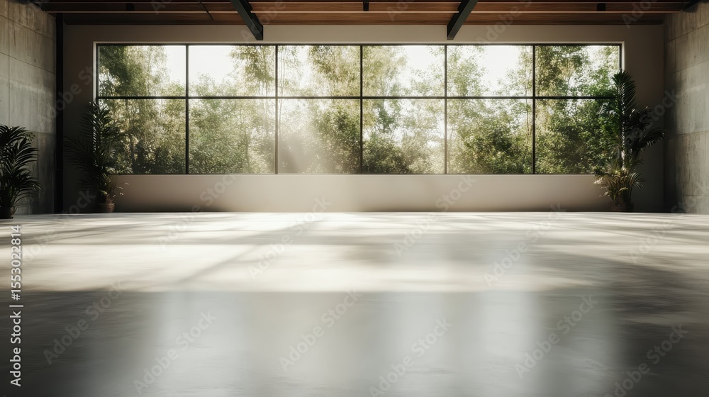Fototapeta premium A spacious, sunlit modern interior featuring large windows that offer a stunning view of lush greenery, evoking a sense of serenity and tranquility in design.