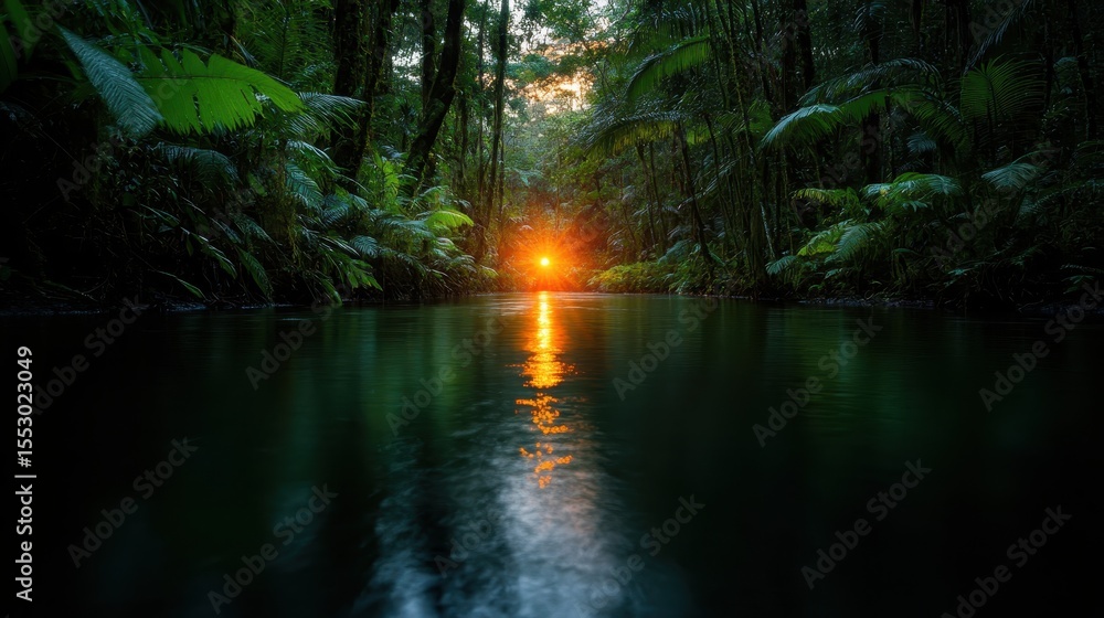 Obraz premium This enchanting image captures the serene beauty of a lush forest at sunset, where golden light reflects off a tranquil river, creating a peaceful natural ambiance.