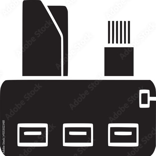 Illustration of a black electronic device with ports and connectors on a white background