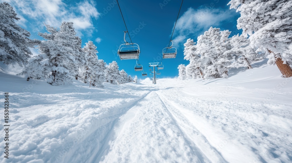 Obraz premium A picturesque view of empty ski lifts ascending through a winter wonderland filled with fresh snow and towering pine trees, showcasing serenity and outdoor adventure.