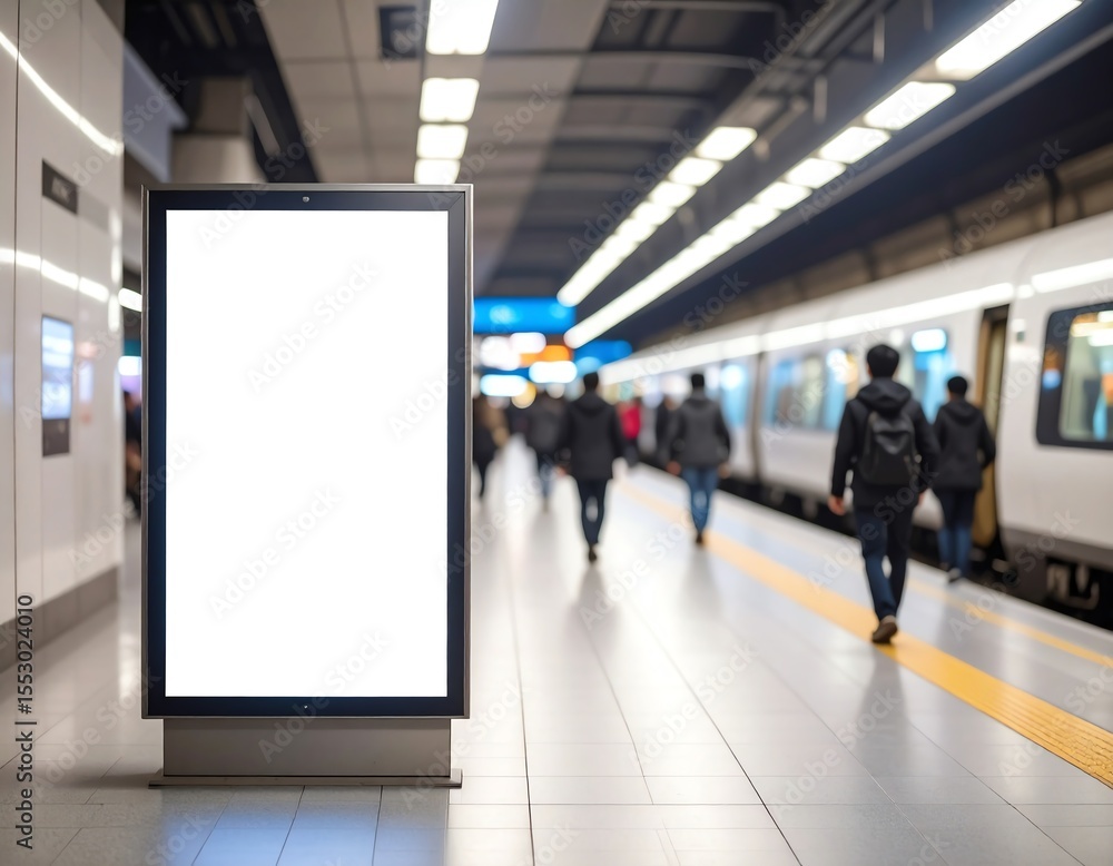 Busy train station with blank advertising board. Busy train station with blank advertising board.
