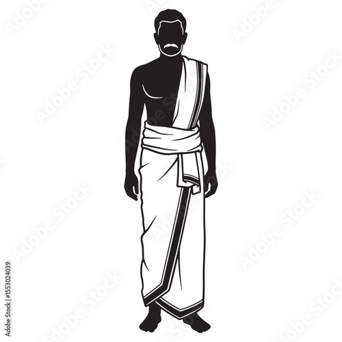 Minimalist illustration of a south indian man wearing traditional attire in black and white