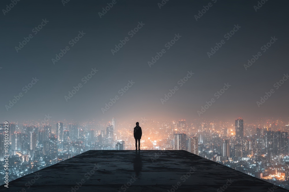 Fototapeta premium Person Standing on Rooftop at Night Overlooking Cityscape with Glittering Lights