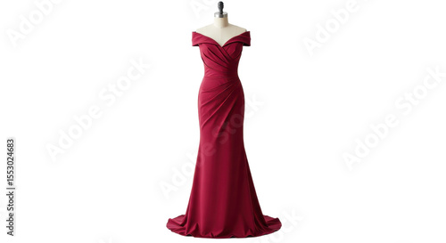 Burgundy off-the-shoulder formal gown isolated on transparent png