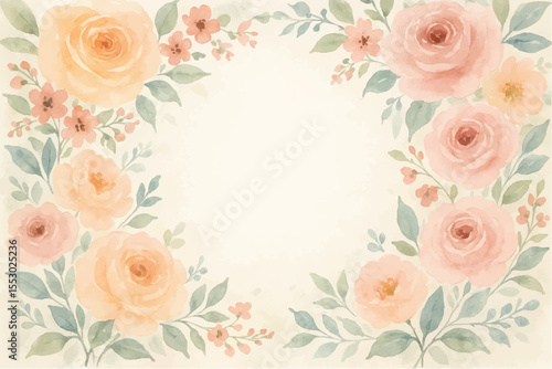 Vintage floral background with romantic pink roses, elegant frame, and decorative hearts for a wedding or Valentine's Day card design