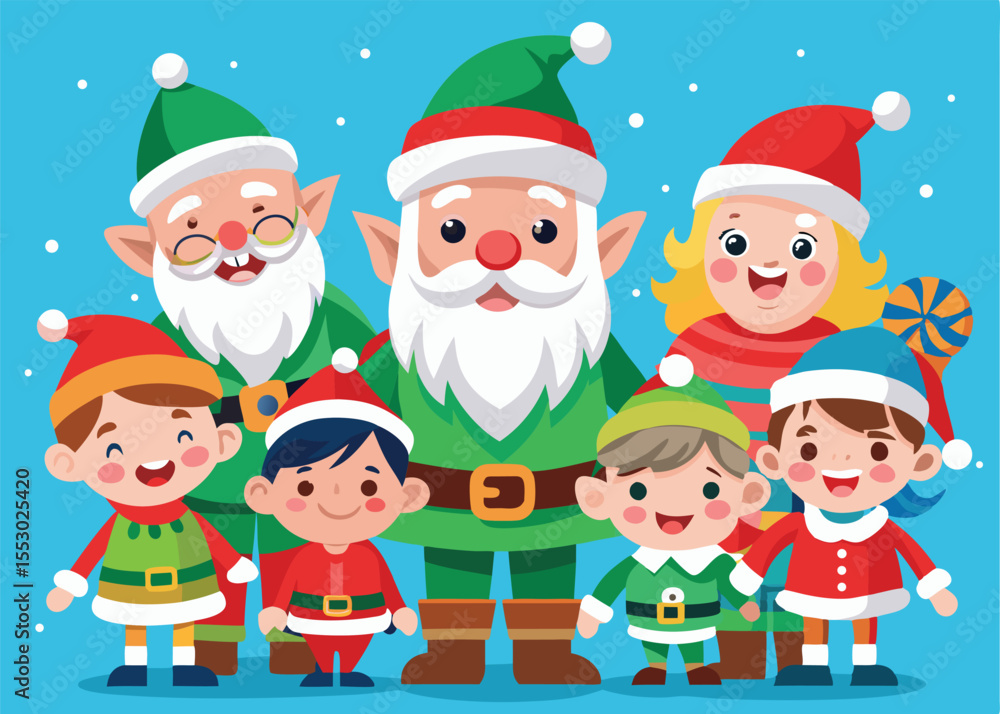A joyful illustration of a Santa family, including Santa Claus and various elves in festive Christmas attire. A joyful illustration of a Santa family, including Santa Claus and various elves in festive Christmas attire.
