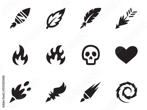 A collection of twelve simple, black silhouette icons representing various fantasy elements vector art on white