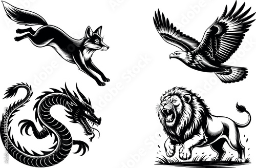 Wallpaper Mural A powerful quartet of creatures is depicted in a bold, black and white tattoo style. Torontodigital.ca