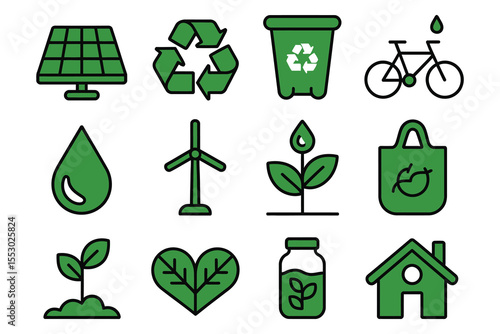 A versatile vector set of green ecology icons symbolizing nature, recycling, and environmental conservation