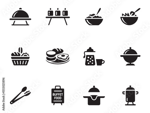 set features various black and white icons representing buffet food items vector art on white
