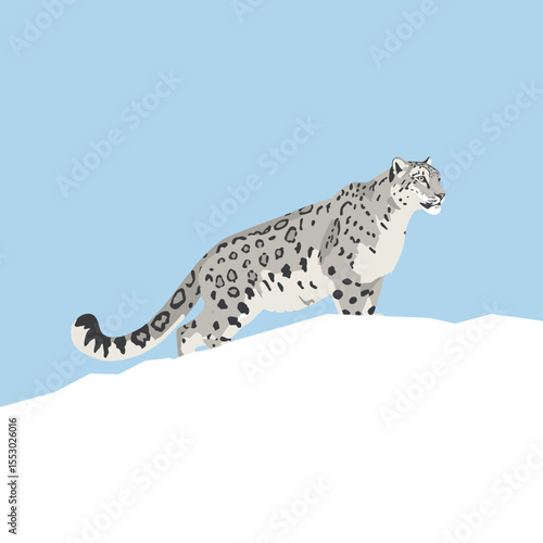 Snow leopard on snowy mountain peak 