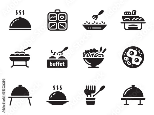 A set of black and white icons representing various buffet food items and service elements vector art on white