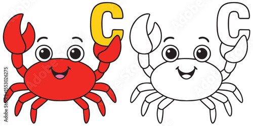 Cute Coloring Book Baby Crab Cartoon Holding a C Alphabet Letter Illustration