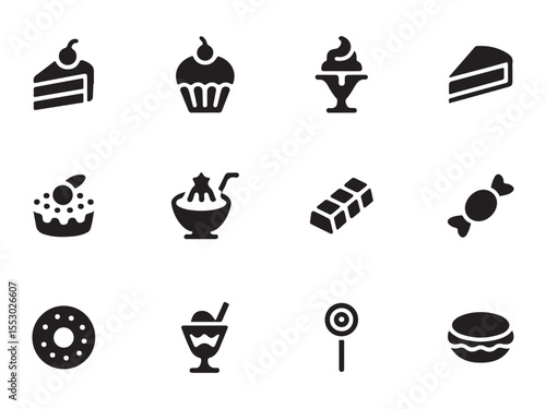 A set of black silhouette icons representing various sweet treats vector art on white