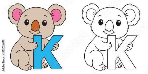 Cute Coloring Book Baby Koala Cartoon Holding a K Alphabet Letter Illustration