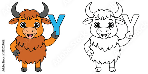 Cute Coloring Book Yak Cartoon Holding a Y Alphabet Letter Illustration