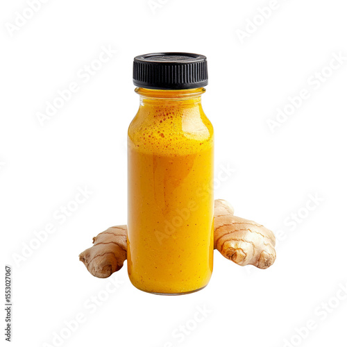 Golden Turmeric Ginger Juice in Glass Bottle with Fresh Ginger Roots