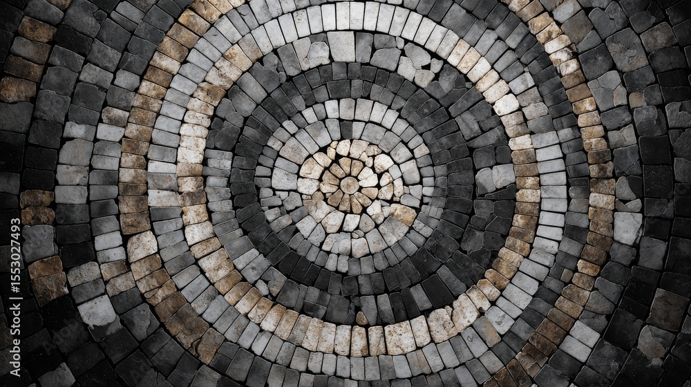 Fototapeta premium Circular cobblestone pavement pattern in gray and beige.