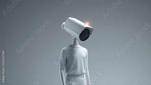 Surveillance Society: A surreal image of a person with a security camera for a head, symbolizing the pervasiveness of surveillance in modern society.