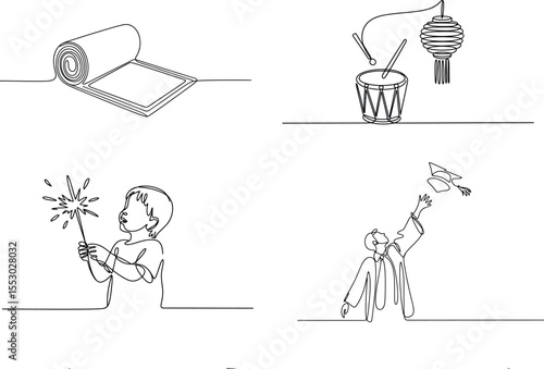four single-line drawings depicts various life moments and activities. From quiet reflection with a yoga mat to joyous celebration with a sparkler, each scene tells a story.