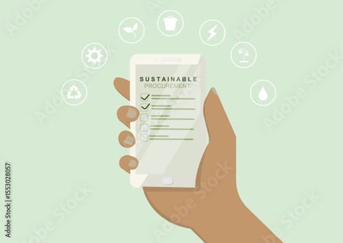 Sustainable procurement checklist with environmental icons and hand holding evaluation form. Green business assessment concept ideal for corporate ESG presentations and sustainability reports. Vector 