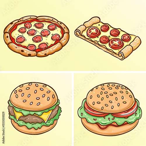 Delicious Assortment of Fast Food Cartoon Illustrations Showcasing Pizza and Burgers