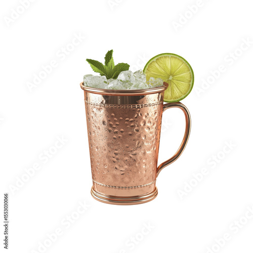 Refreshing Moscow Mule Cocktail in Hammered Copper Mug with Lime and Mint Garnish