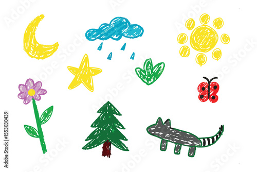 Whimsical Doodle World: Delightful crayon-style drawings bring to life a playful scene featuring a smiling sun, a gentle moon, a friendly fox, and nature's elements.