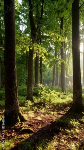 Wallpaper Mural Sunlight filters through the dense foliage of tall trees in a lush and verdant woodland landscape during the bright day Torontodigital.ca