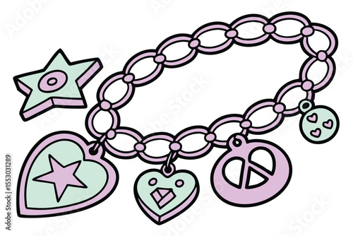 Flat design of a handcrafted charm bracelet with various decorative elements