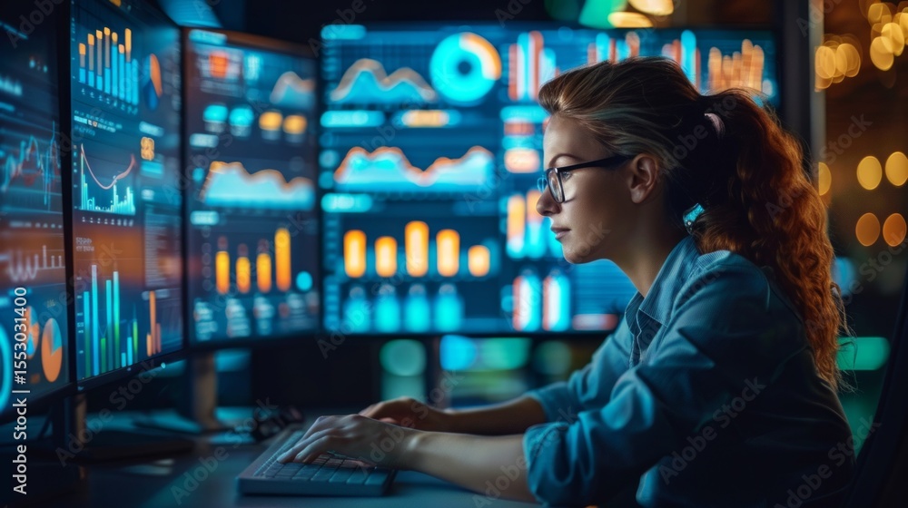 Fototapeta premium Woman in glasses working at a computer with graphs on screens. Suitable for illustrating work processes and analytics.