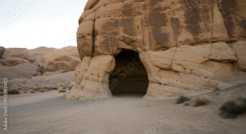 Desert cavern entrance carved into massive sandstone rock formations stands amidst the quiet and desolate natural landscape.