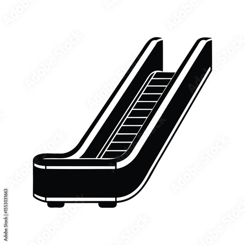 Black and white illustration of an escalator ascending upwards indoors automatically