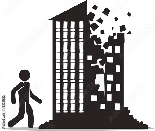 Deconstructing Structures: Symbolic visual of a stick figure person walking past a crumbling building. Reflecting themes of transformation and change.