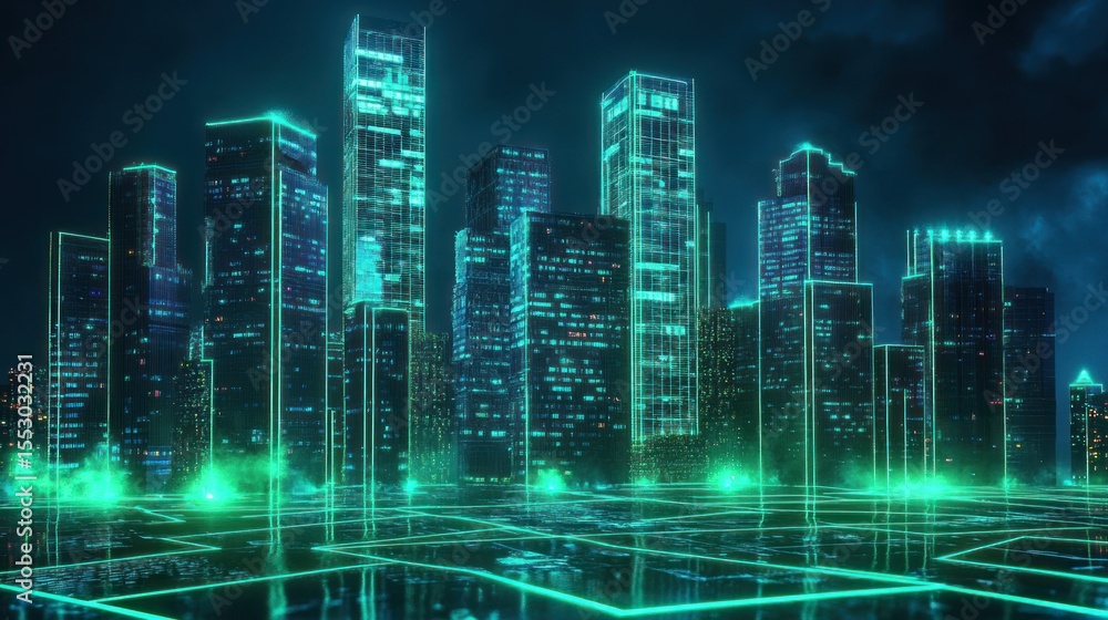 Futuristic city skyline at night, glowing turquoise lines Futuristic city skyline at night, glowing turquoise lines