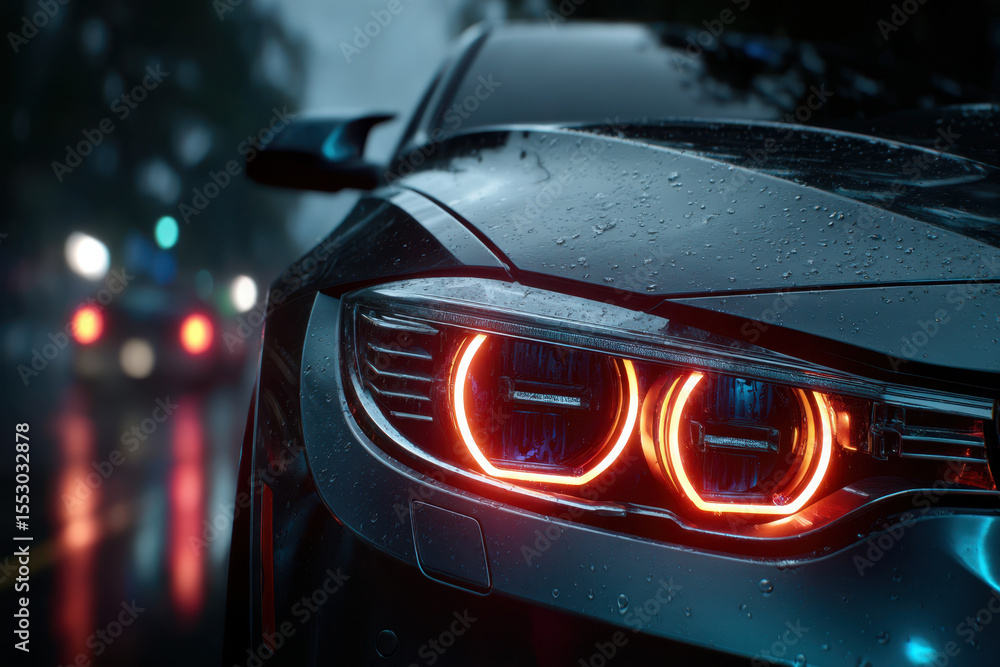 Obraz premium Modern car parked on a rainy street with illuminated headlights at dusk