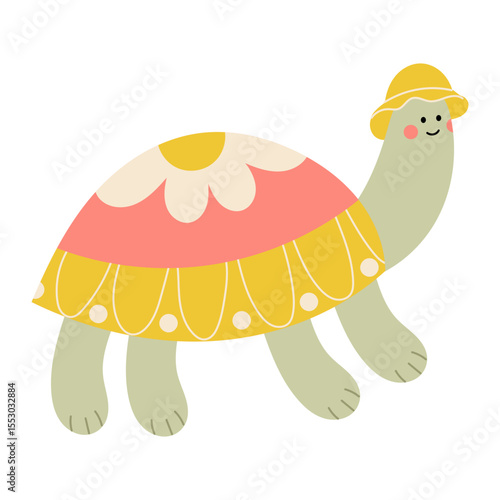 Adorable cartoon turtle wearing a sun hat with a cute flower on its shell. This sweet illustration features a smiling turtle in a summer style, perfect for children’s products, stickers, prints. 