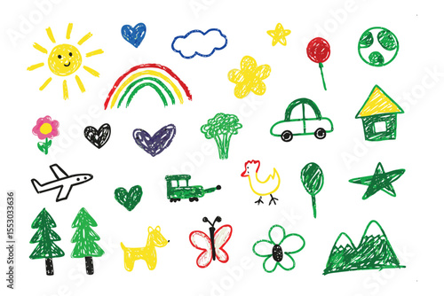 Childlike Wonders: A collection of colorful drawings of a sun, rainbows, hearts, clouds, stars, and other illustrations, as if seen through the innocent eyes of a child