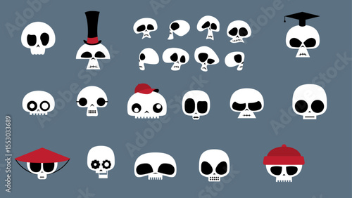 Assorted vector skull shapes with different expressions, personalities and hats.