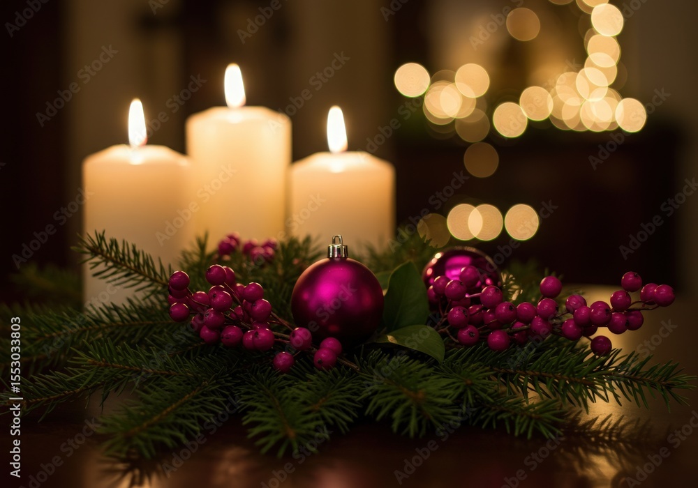 Warm glow of three white pillar candles illuminating a festive christmas arrangement with evergreen branches pink berries and a purple ornament Warm glow of three white pillar candles illuminating a festive christmas arrangement with evergreen branches pink berries and a purple ornament